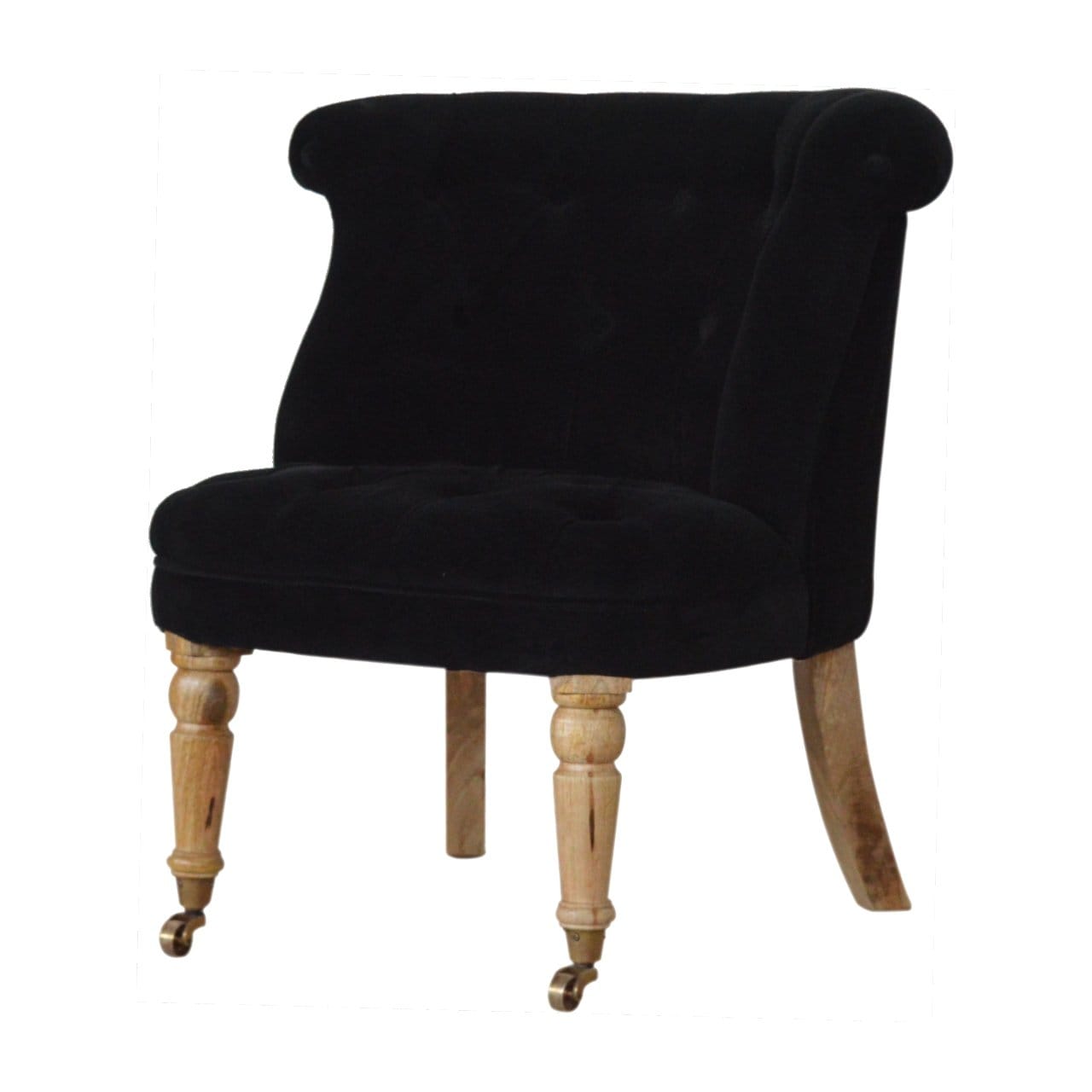 Handcrafted Black Velvet Accent Chair in Solid Mango Wood - product view 2 showing handcrafted solid mango wood chair