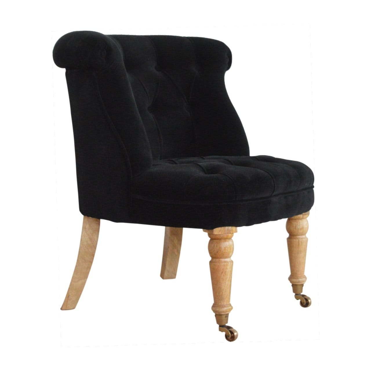 Handcrafted Black Velvet Accent Chair in Solid Mango Wood - main view showing handcrafted solid mango wood chair