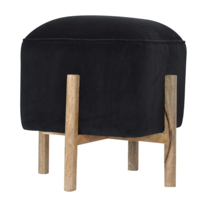 Handcrafted Black Velvet Solid Wood Footstool - Solid Mango Wood Accent Stool for Living Room - product view 6 showing...