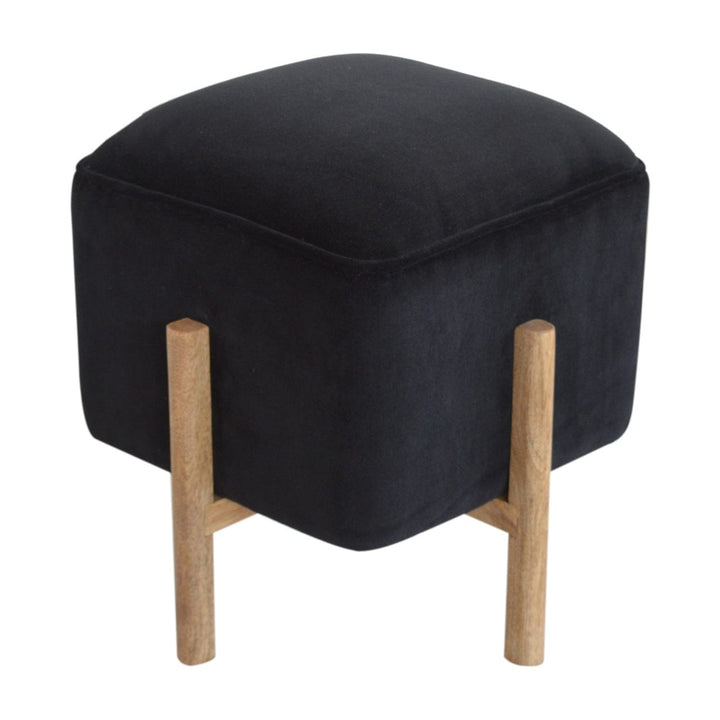 Handcrafted Black Velvet Solid Wood Footstool - Solid Mango Wood Accent Stool for Living Room - main view showing...