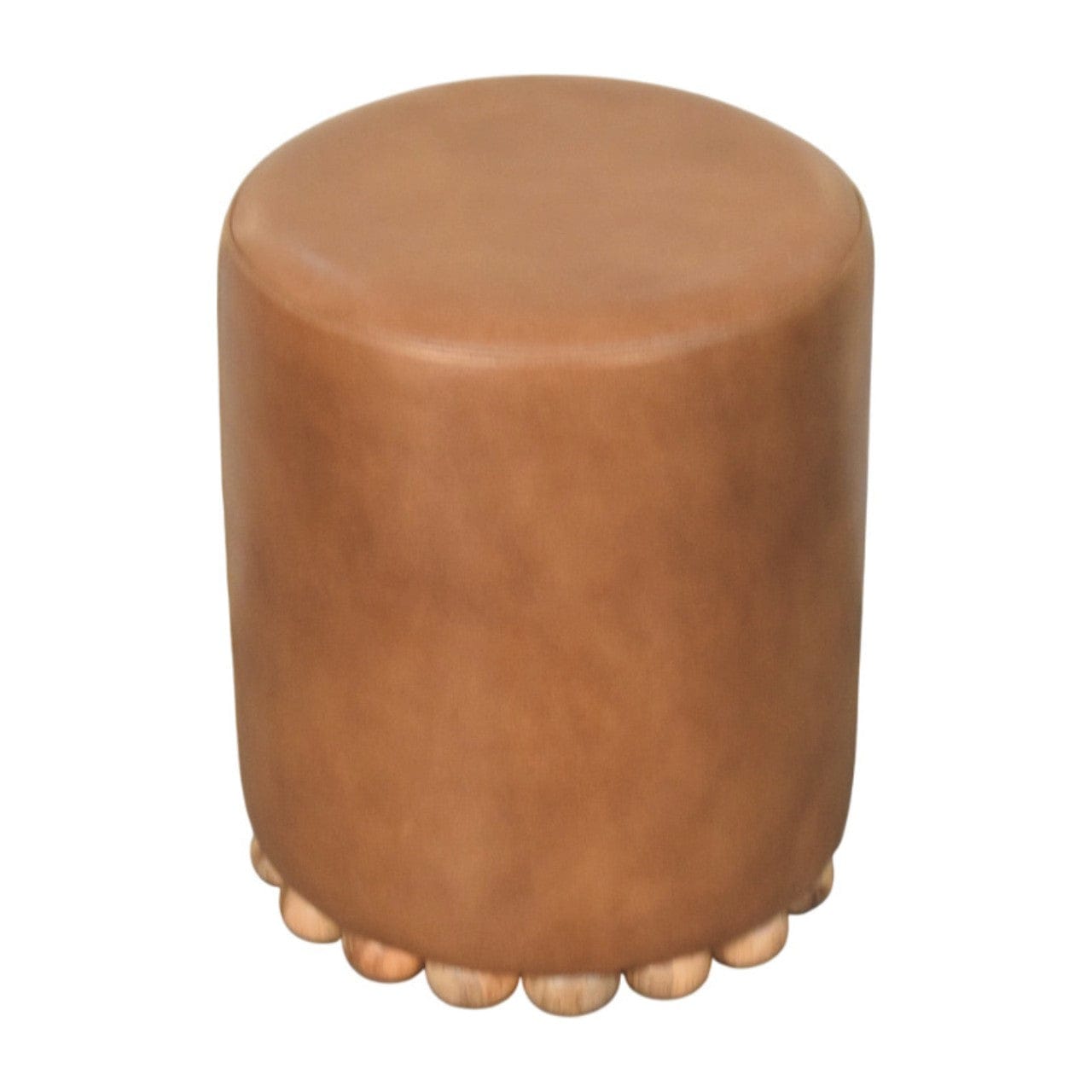 Handcrafted Bola Leather Stool - Solid Mango Wood Accent Seating - product view 2 showing handcrafted solid mango wood stool
