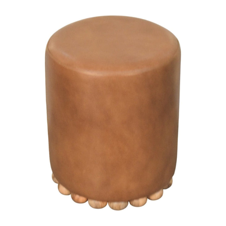Handcrafted Bola Leather Stool - Solid Mango Wood Accent Seating - product view 2 showing handcrafted solid mango wood stool