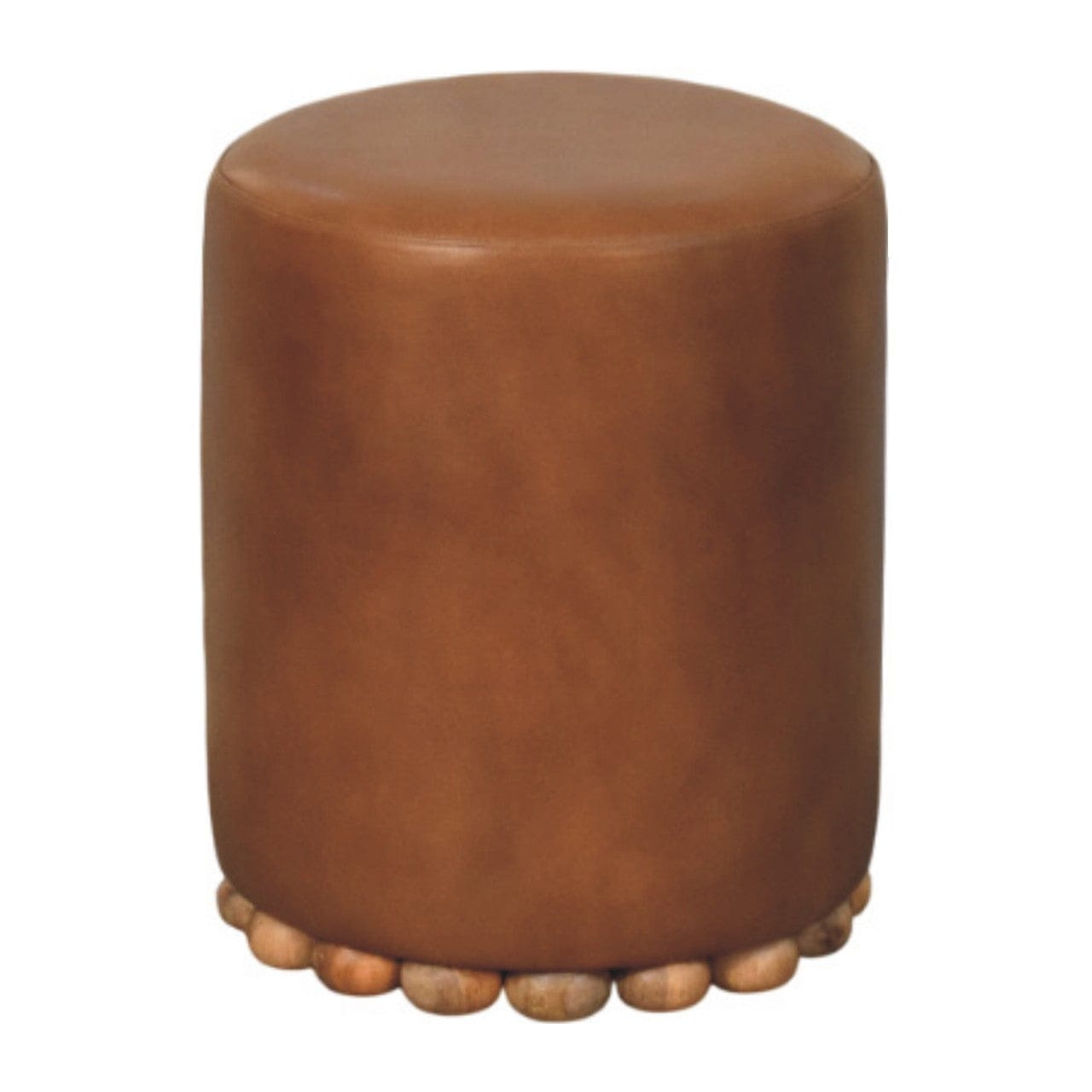 Handcrafted Bola Leather Stool - Solid Mango Wood Accent Seating - main view showing handcrafted solid mango wood stool