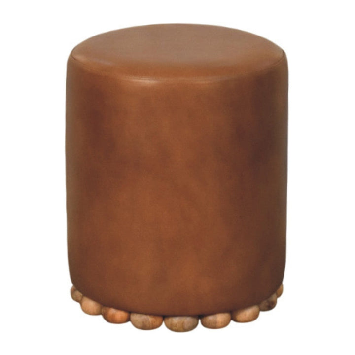 Handcrafted Bola Leather Stool - Solid Mango Wood Accent Seating - main view showing handcrafted solid mango wood stool