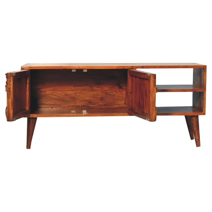 Handcrafted Botanic TV Stand - Solid Mango Wood Entertainment Center for Living Room - product view 6 showing handcrafted...