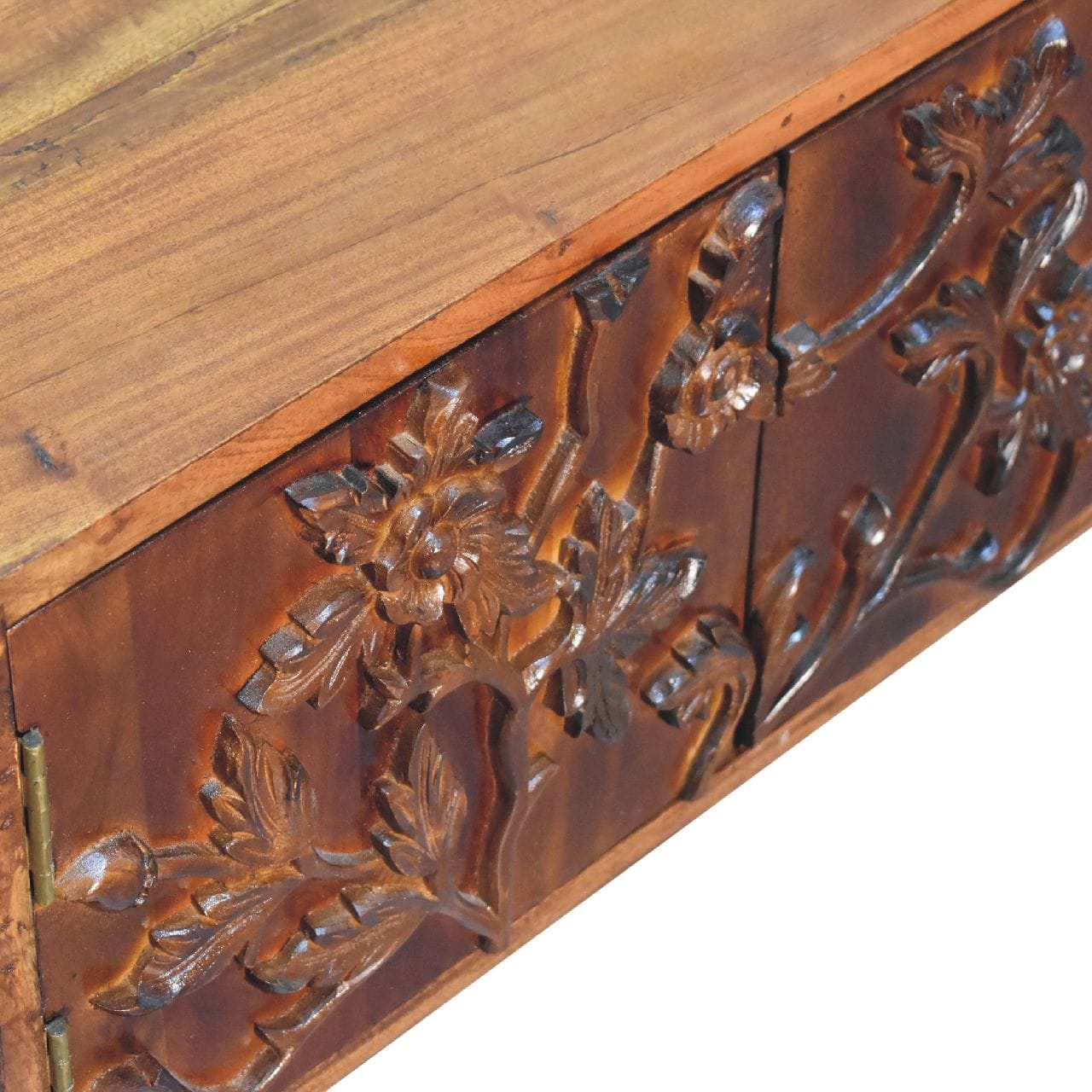 Handcrafted Botanic TV Stand - Solid Mango Wood Entertainment Center for Living Room - product view 5 showing handcrafted...