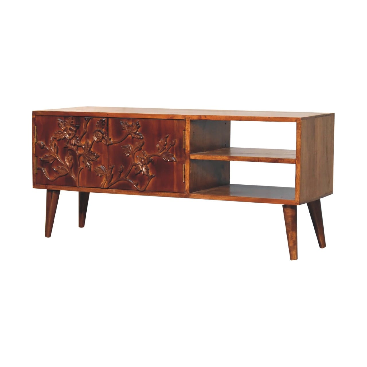 Handcrafted Botanic TV Stand - Solid Mango Wood Entertainment Center for Living Room - product view 3 showing handcrafted...