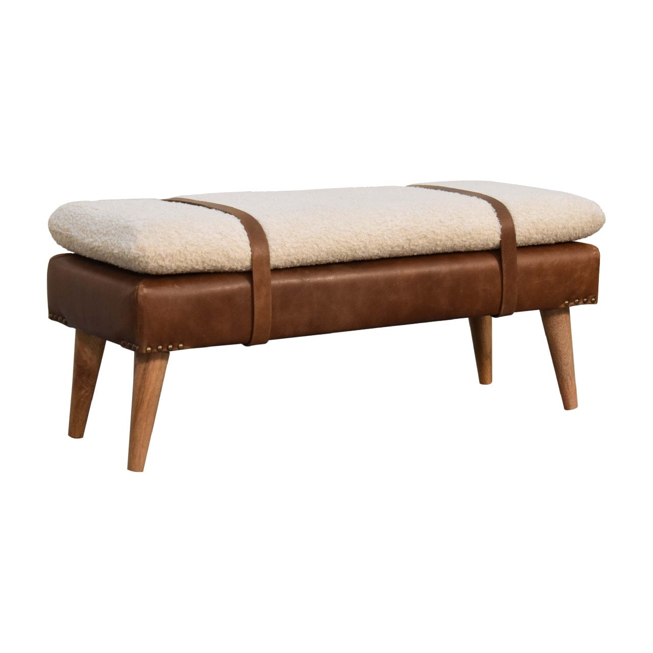 Handcrafted mango wood bench with boucle buffalo hide leather and solid wood legs, perfect for entryway seating.