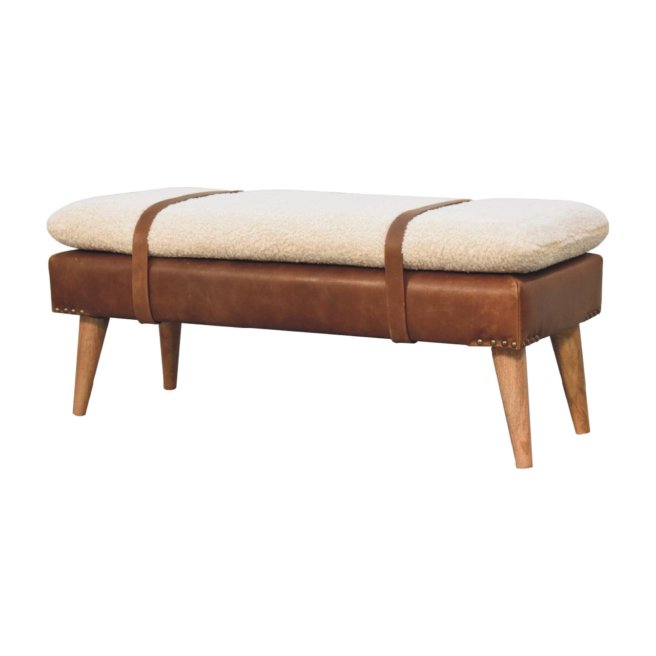 Handcrafted mango wood bench with boucle buffalo hide leather upholstery and solid wood legs.