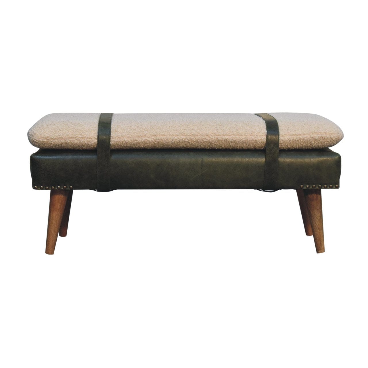 Handcrafted Bouclé Buffalo Hide Olive Green Leather Bench - Solid Mango Wood Seating Furniture for Entryway - product...