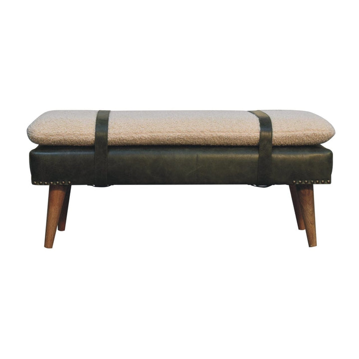 Handcrafted Bouclé Buffalo Hide Olive Green Leather Bench - Solid Mango Wood Seating Furniture for Entryway - product...