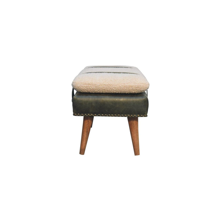 Handcrafted Bouclé Buffalo Hide Olive Green Leather Bench - Solid Mango Wood Seating Furniture for Entryway - product...