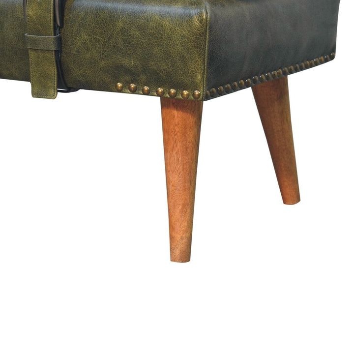 Handcrafted Bouclé Buffalo Hide Olive Green Leather Bench - Solid Mango Wood Seating Furniture for Entryway - product...