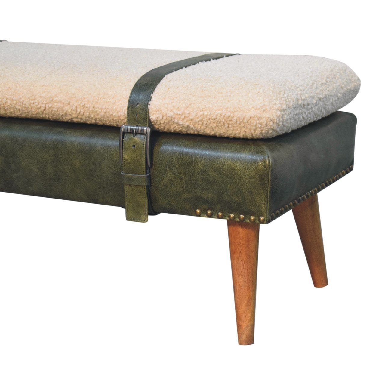 Handcrafted Bouclé Buffalo Hide Olive Green Leather Bench - Solid Mango Wood Seating Furniture for Entryway - product...