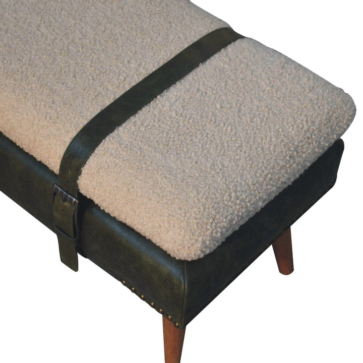 Handcrafted Bouclé Buffalo Hide Olive Green Leather Bench - Solid Mango Wood Seating Furniture for Entryway - product...