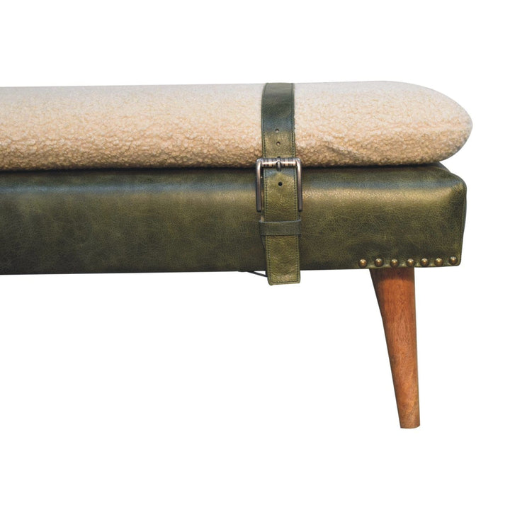 Handcrafted Bouclé Buffalo Hide Olive Green Leather Bench - Solid Mango Wood Seating Furniture for Entryway - product...