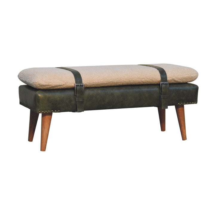 Handcrafted Bouclé Buffalo Hide Olive Green Leather Bench - Solid Mango Wood Seating Furniture for Entryway - product...
