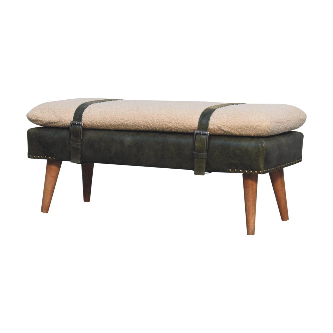 Handcrafted Bouclé Buffalo Hide Olive Green Leather Bench - Solid Mango Wood Seating Furniture for Entryway - product...