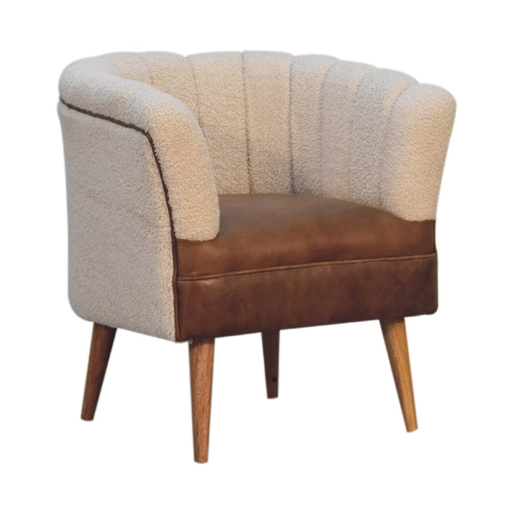 Handcrafted Boucle Cream Buffalo Armchair - Solid Mango Wood Accent Chair for Living Room - product view 3 showing...
