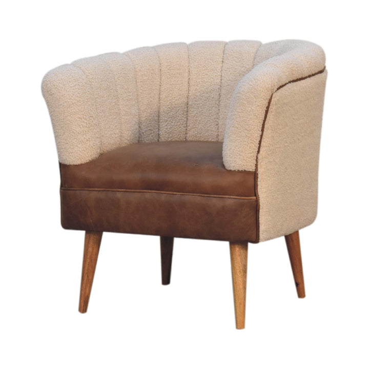 Handcrafted Boucle Cream Buffalo Armchair - Solid Mango Wood Accent Chair for Living Room - product view 2 showing...
