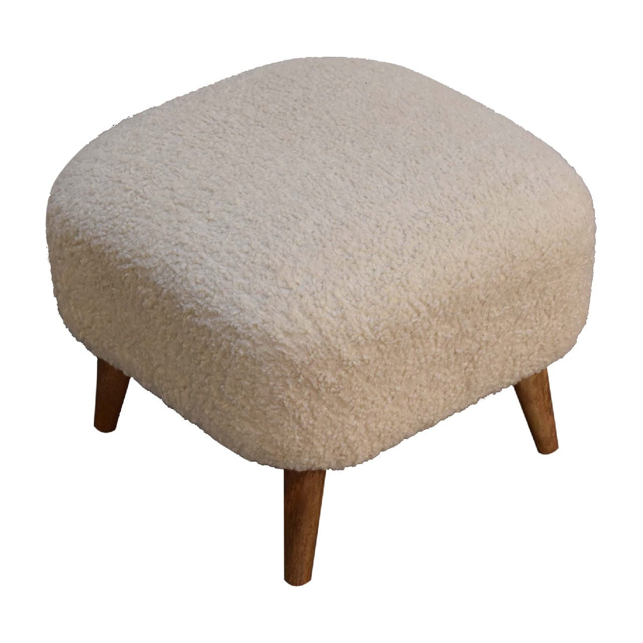 Handcrafted Boucle Cream Square Footstool - Solid Mango Wood Accent Stool for Living Room - product view 9 showing...