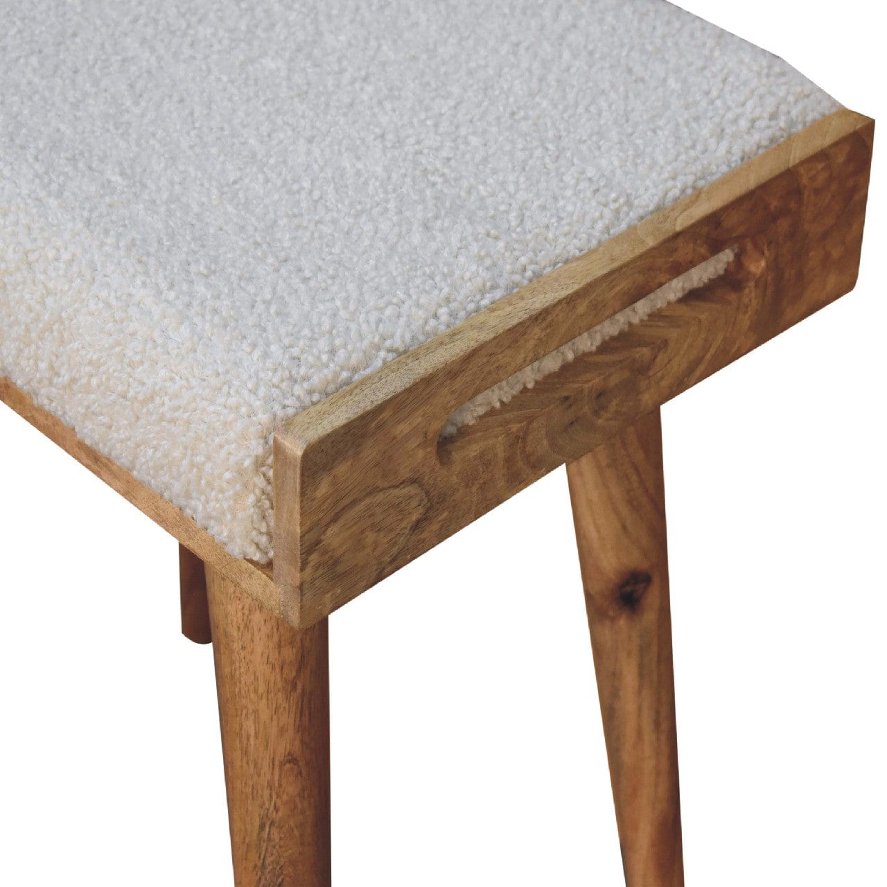 Handcrafted Boucle Cream Tray Style Footstool - Solid Mango Wood Accent Stool for Living Room - product view 8 showing...