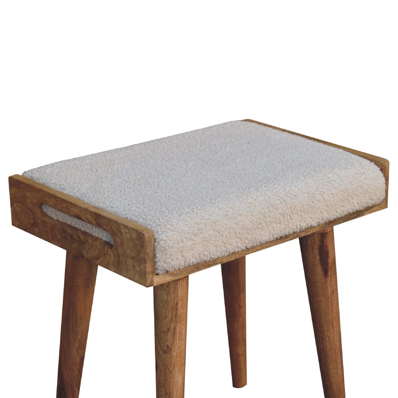 Handcrafted Boucle Cream Tray Style Footstool - Solid Mango Wood Accent Stool for Living Room - product view 7 showing...