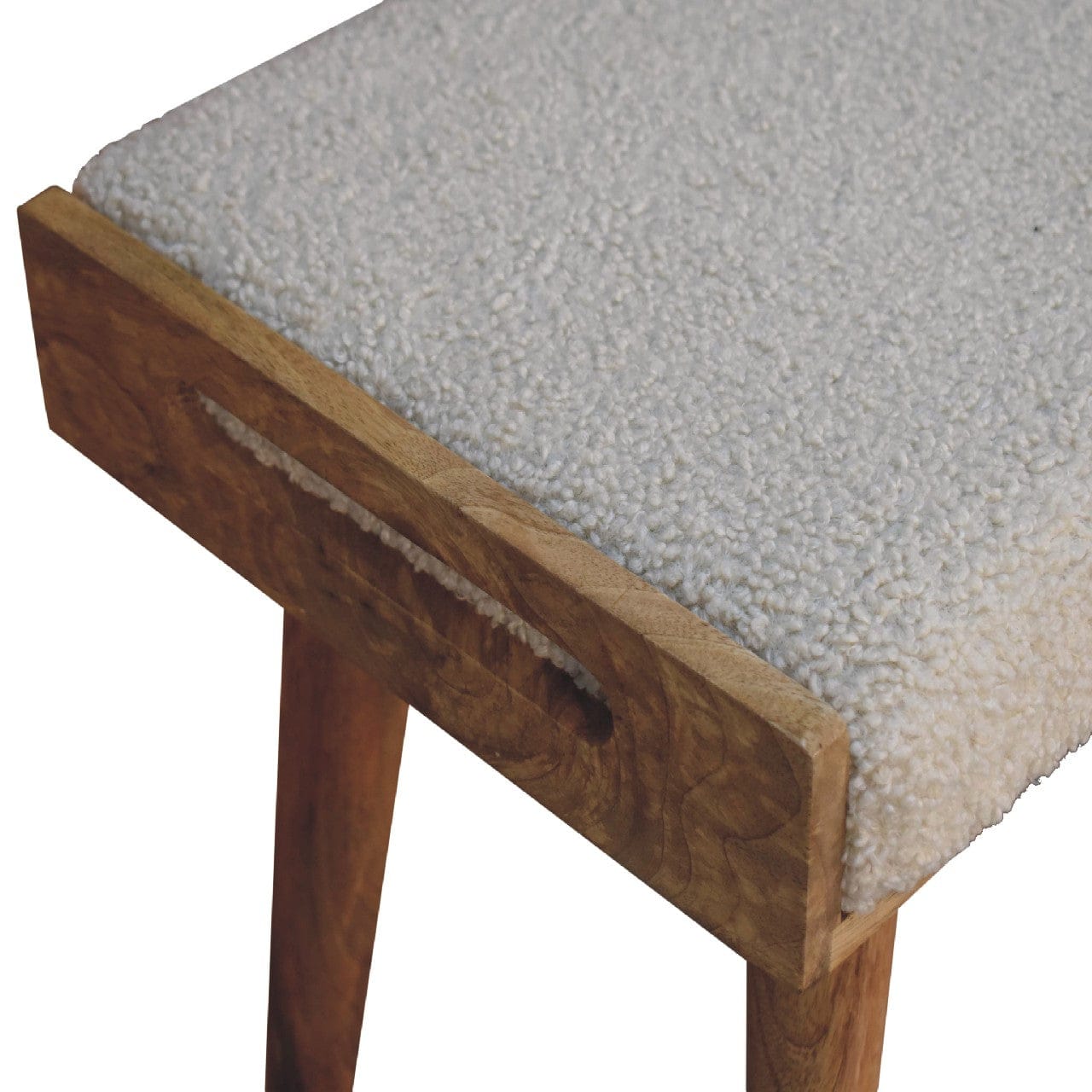Handcrafted Boucle Cream Tray Style Footstool - Solid Mango Wood Accent Stool for Living Room - product view 6 showing...