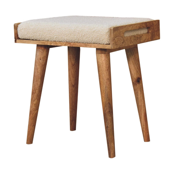 Handcrafted Boucle Cream Tray Style Footstool - Solid Mango Wood Accent Stool for Living Room - product view 4 showing...