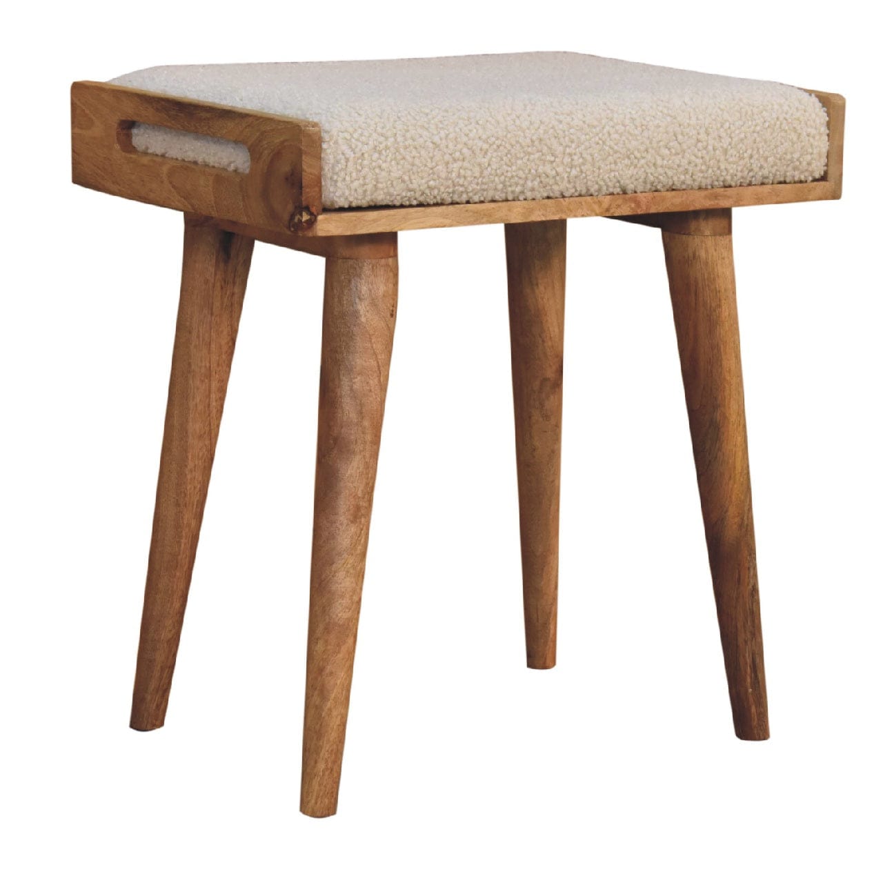 Handcrafted Boucle Cream Tray Style Footstool - Solid Mango Wood Accent Stool for Living Room - product view 3 showing...