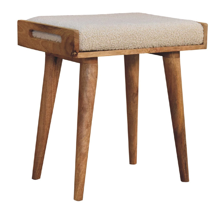 Handcrafted Boucle Cream Tray Style Footstool - Solid Mango Wood Accent Stool for Living Room - product view 3 showing...