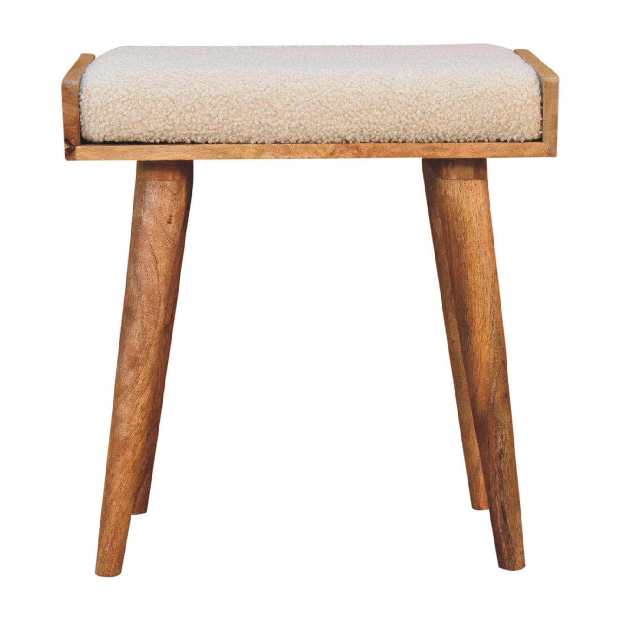 Handcrafted Boucle Cream Tray Style Footstool - Solid Mango Wood Accent Stool for Living Room - product view 2 showing...