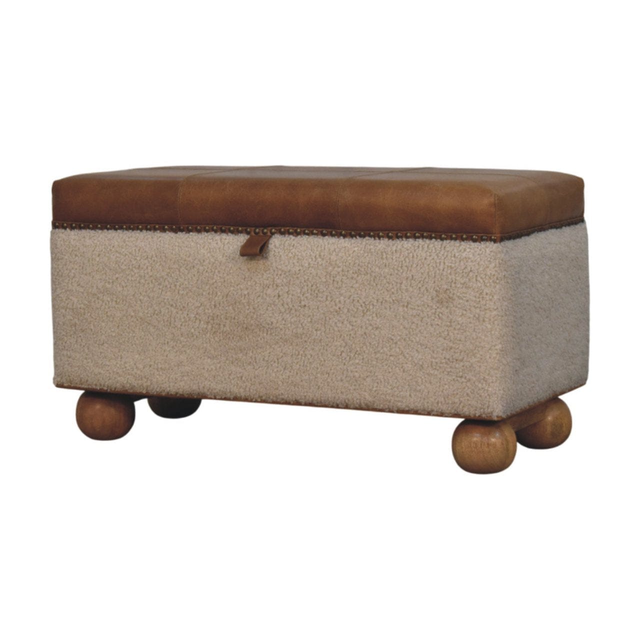 Handcrafted Boucle Lid- up Storage Ottoman - Solid Mango Wood Accent Stool for Living Room - product view 2 showing...