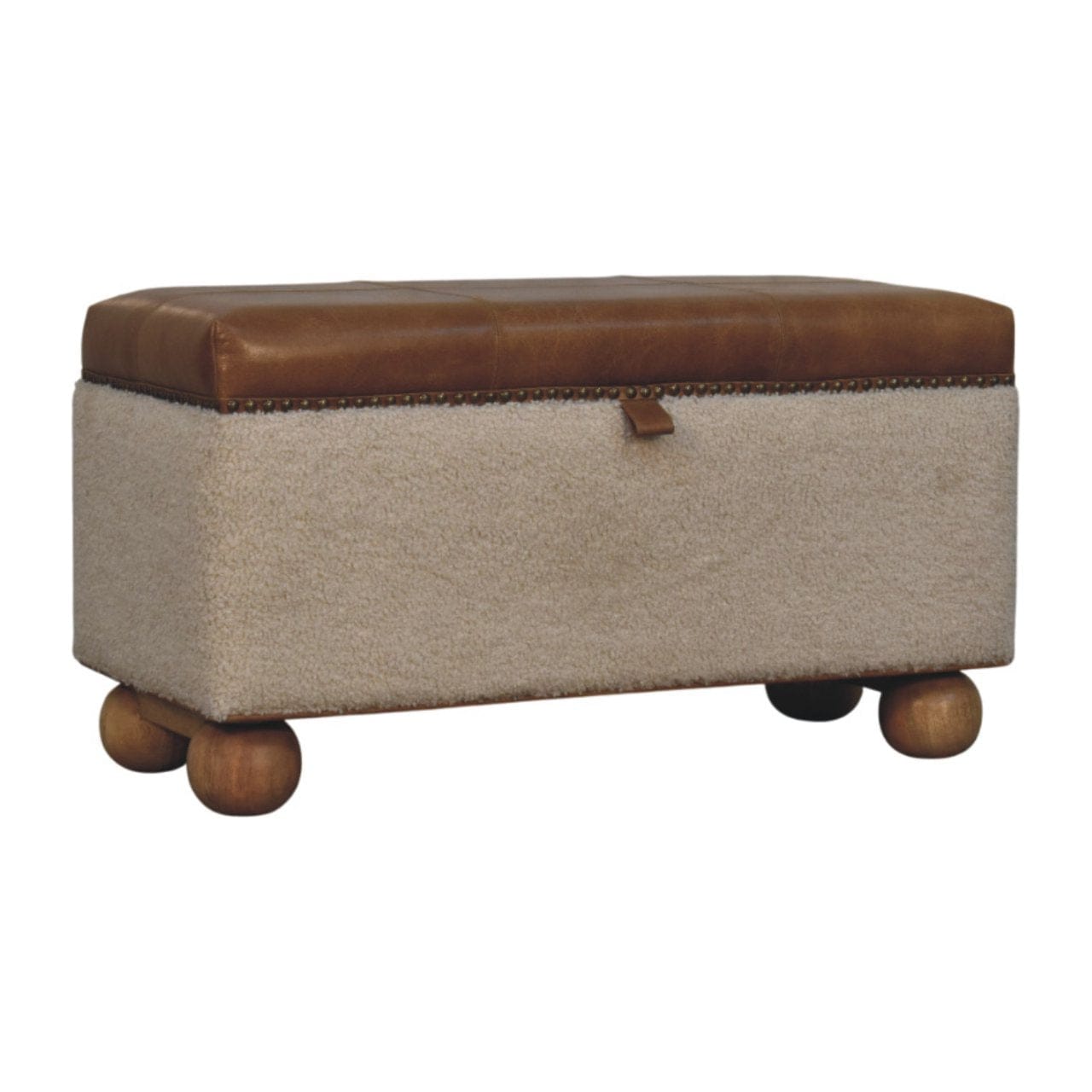 Handcrafted Boucle Lid- up Storage Ottoman - Solid Mango Wood Accent Stool for Living Room - main view showing...