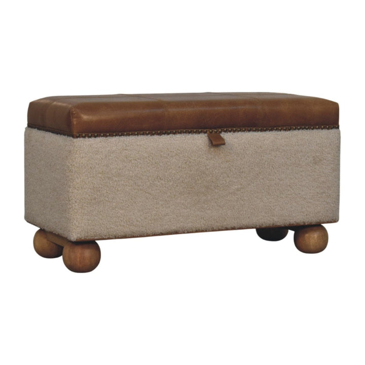 Handcrafted Boucle Lid- up Storage Ottoman - Solid Mango Wood Accent Stool for Living Room - main view showing...