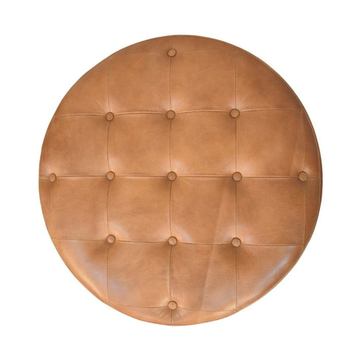 Handcrafted Brown Buffalo hide leather Round Ottoman - Solid Mango Wood Accent Stool for Living Room - product view 7...