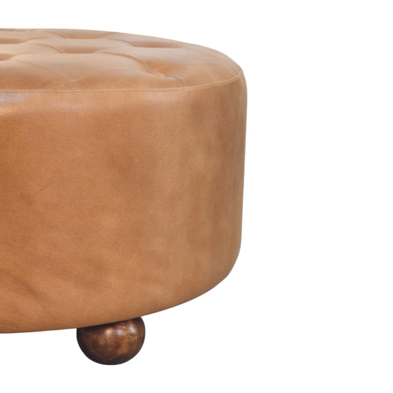 Handcrafted Brown Buffalo hide leather Round Ottoman - Solid Mango Wood Accent Stool for Living Room - product view 6...