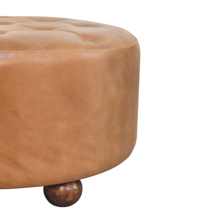 Handcrafted Brown Buffalo hide leather Round Ottoman - Solid Mango Wood Accent Stool for Living Room - product view 6...