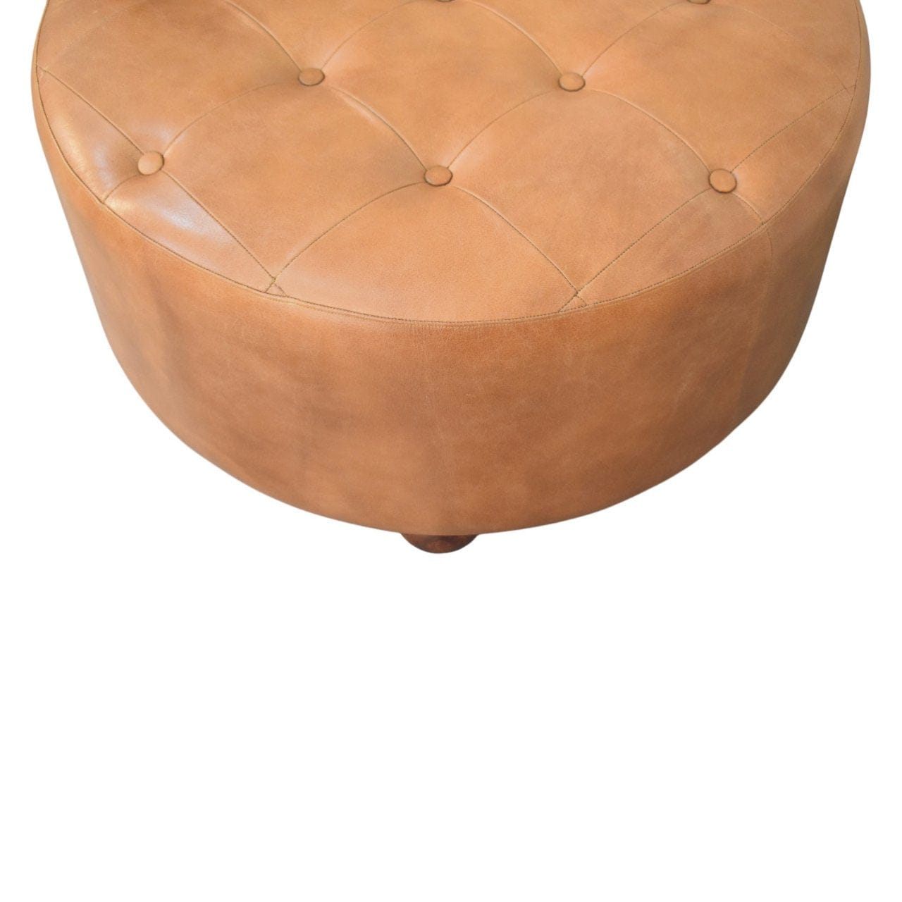 Handcrafted Brown Buffalo hide leather Round Ottoman - Solid Mango Wood Accent Stool for Living Room - product view 5...