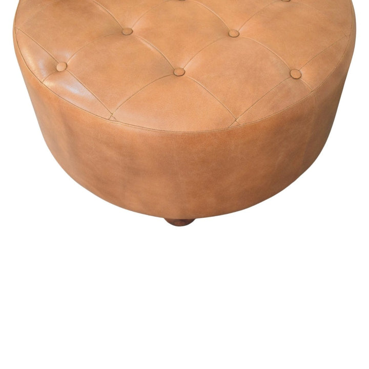 Handcrafted Brown Buffalo hide leather Round Ottoman - Solid Mango Wood Accent Stool for Living Room - product view 5...