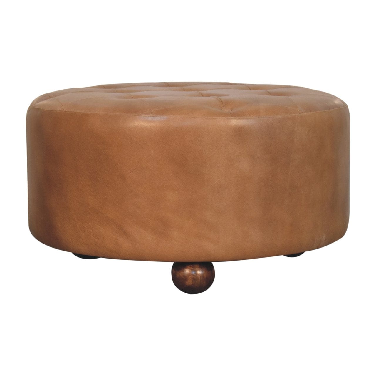 Handcrafted Brown Buffalo hide leather Round Ottoman - Solid Mango Wood Accent Stool for Living Room - product view 4...
