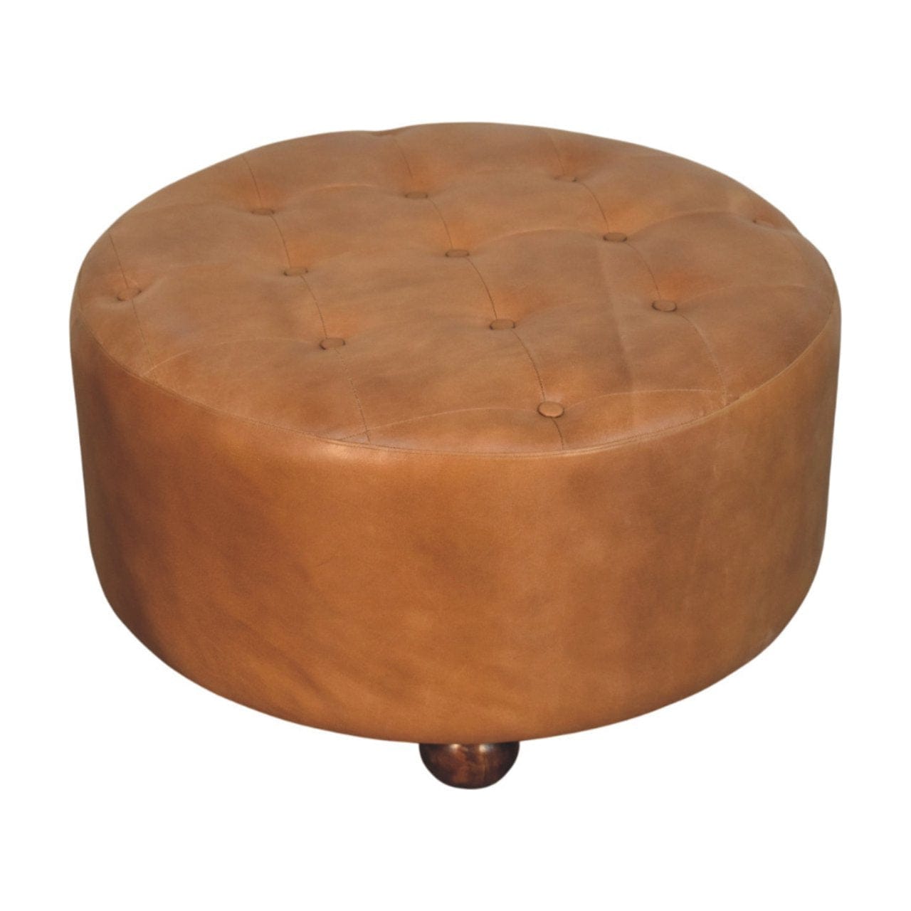 Handcrafted Brown Buffalo hide leather Round Ottoman - Solid Mango Wood Accent Stool for Living Room - product view 3...
