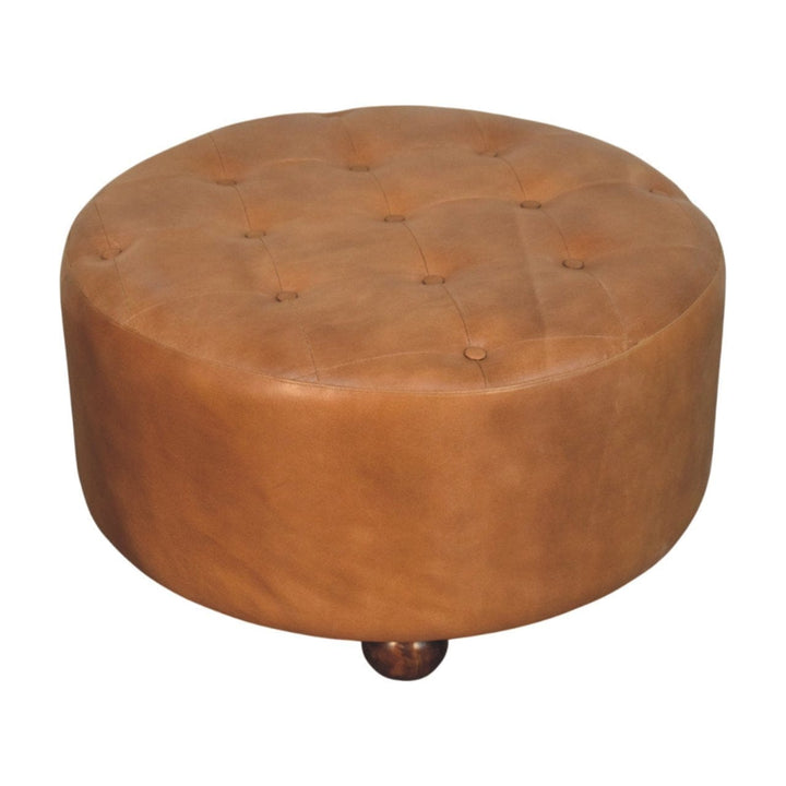 Handcrafted Brown Buffalo hide leather Round Ottoman - Solid Mango Wood Accent Stool for Living Room - product view 3...