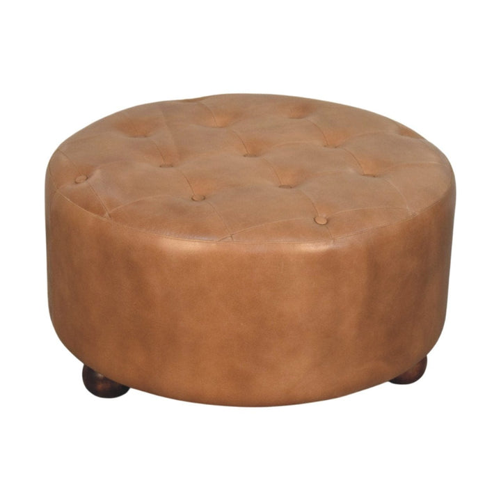 Handcrafted Brown Buffalo hide leather Round Ottoman - Solid Mango Wood Accent Stool for Living Room - product view 2...
