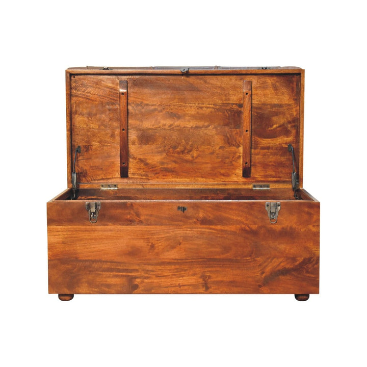 Handcrafted Buffalo Hide Chestnut Storage Trunk - Solid Mango Wood Blanket Chest for Bedroom - product view 3 showing...