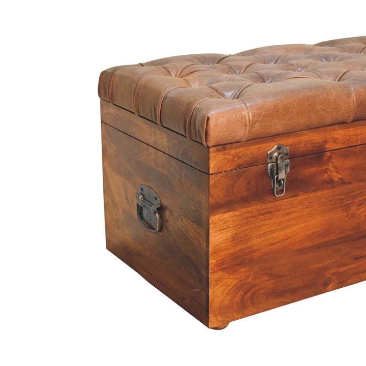 Handcrafted Buffalo Hide Chestnut Storage Trunk - Solid Mango Wood Blanket Chest for Bedroom - product view 9 showing...