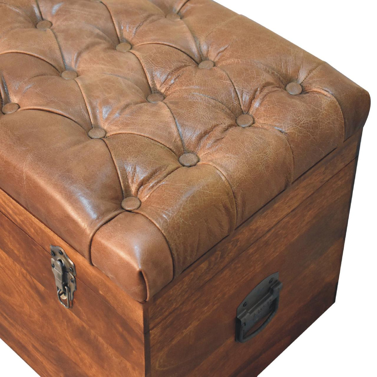 Handcrafted Buffalo Hide Chestnut Storage Trunk - Solid Mango Wood Blanket Chest for Bedroom - product view 8 showing...