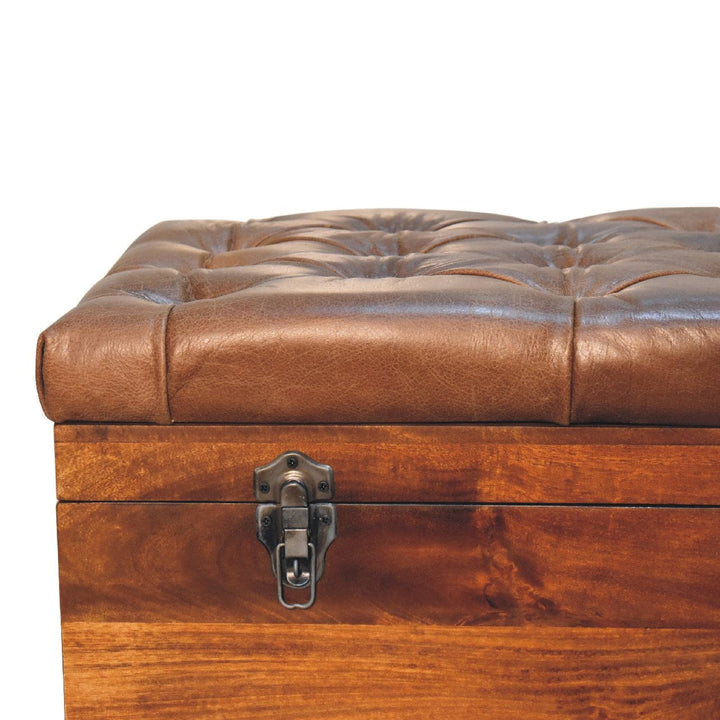 Handcrafted Buffalo Hide Chestnut Storage Trunk - Solid Mango Wood Blanket Chest for Bedroom - product view 7 showing...
