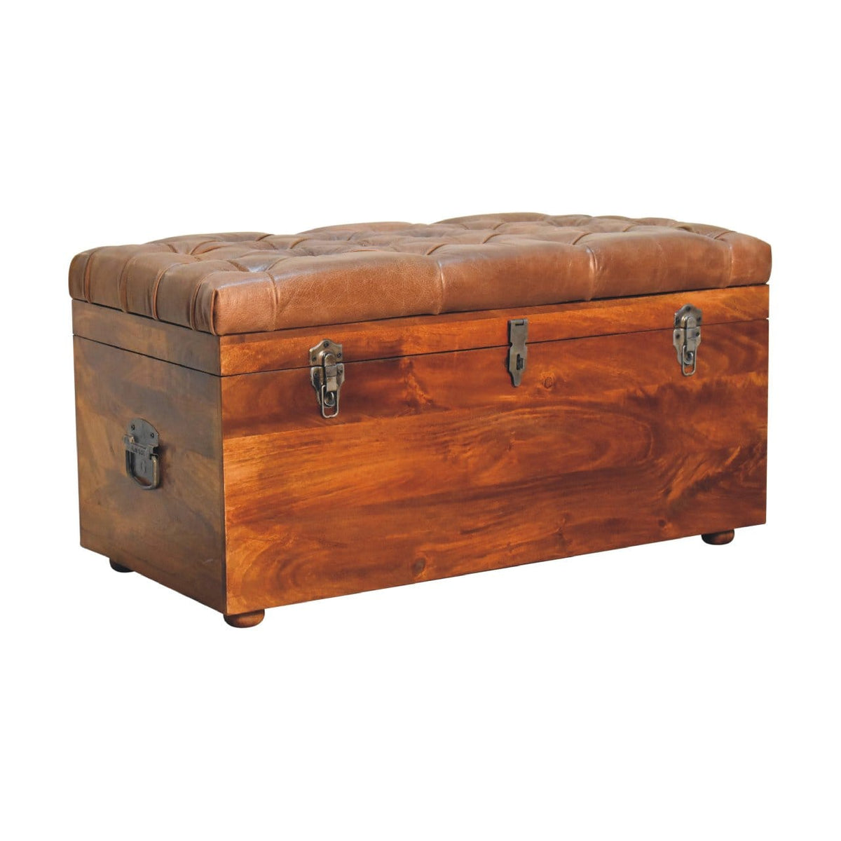 Handcrafted Buffalo Hide Chestnut Storage Trunk - Solid Mango Wood Blanket Chest for Bedroom - product view 6 showing...
