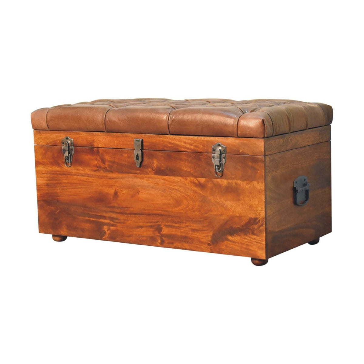Handcrafted Buffalo Hide Chestnut Storage Trunk - Solid Mango Wood Blanket Chest for Bedroom - product view 5 showing...